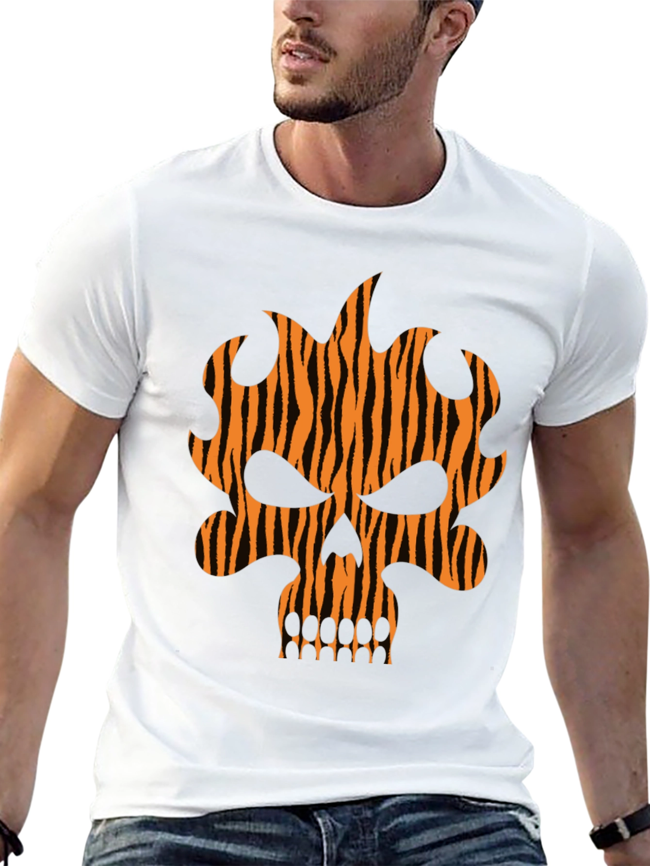 Tiger Stripe Skull Graphic Black T-Shirt