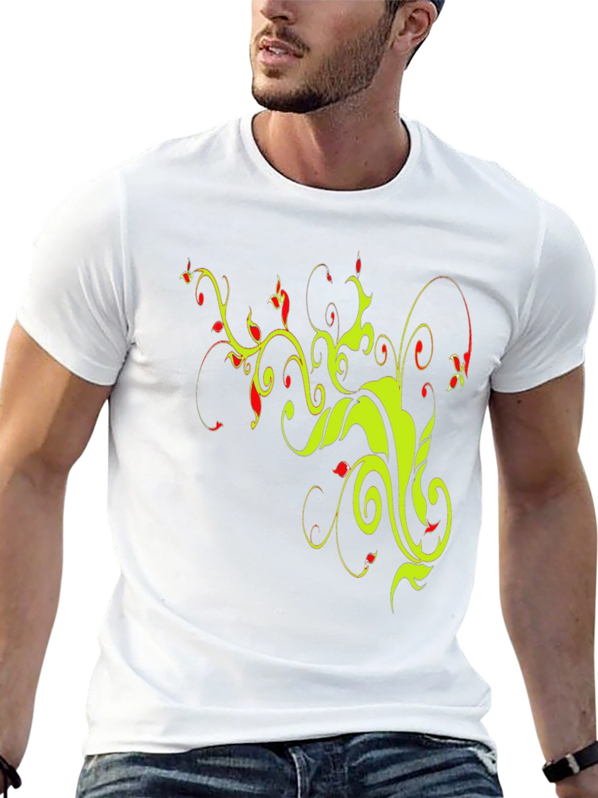 Stylish Black T-Shirt with Floral Vine Design