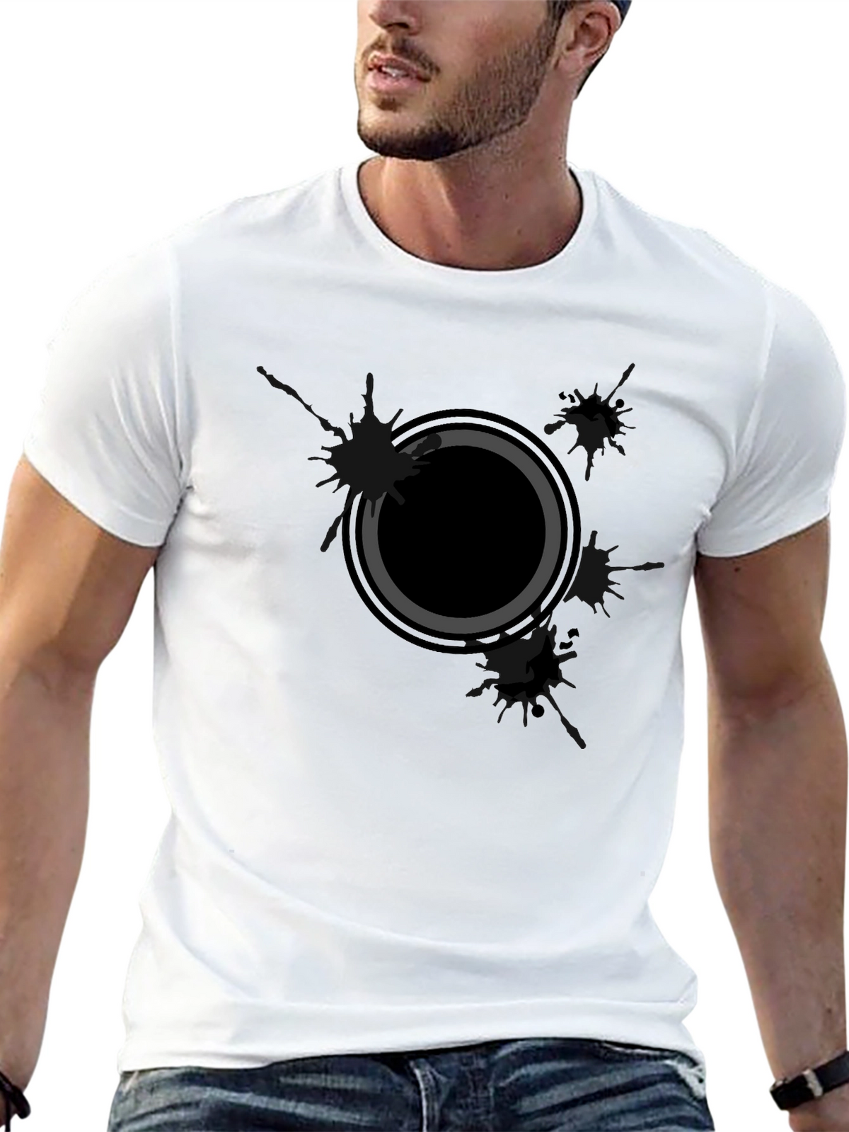 Mens Black Graphic Tee - Abstract Circle Design