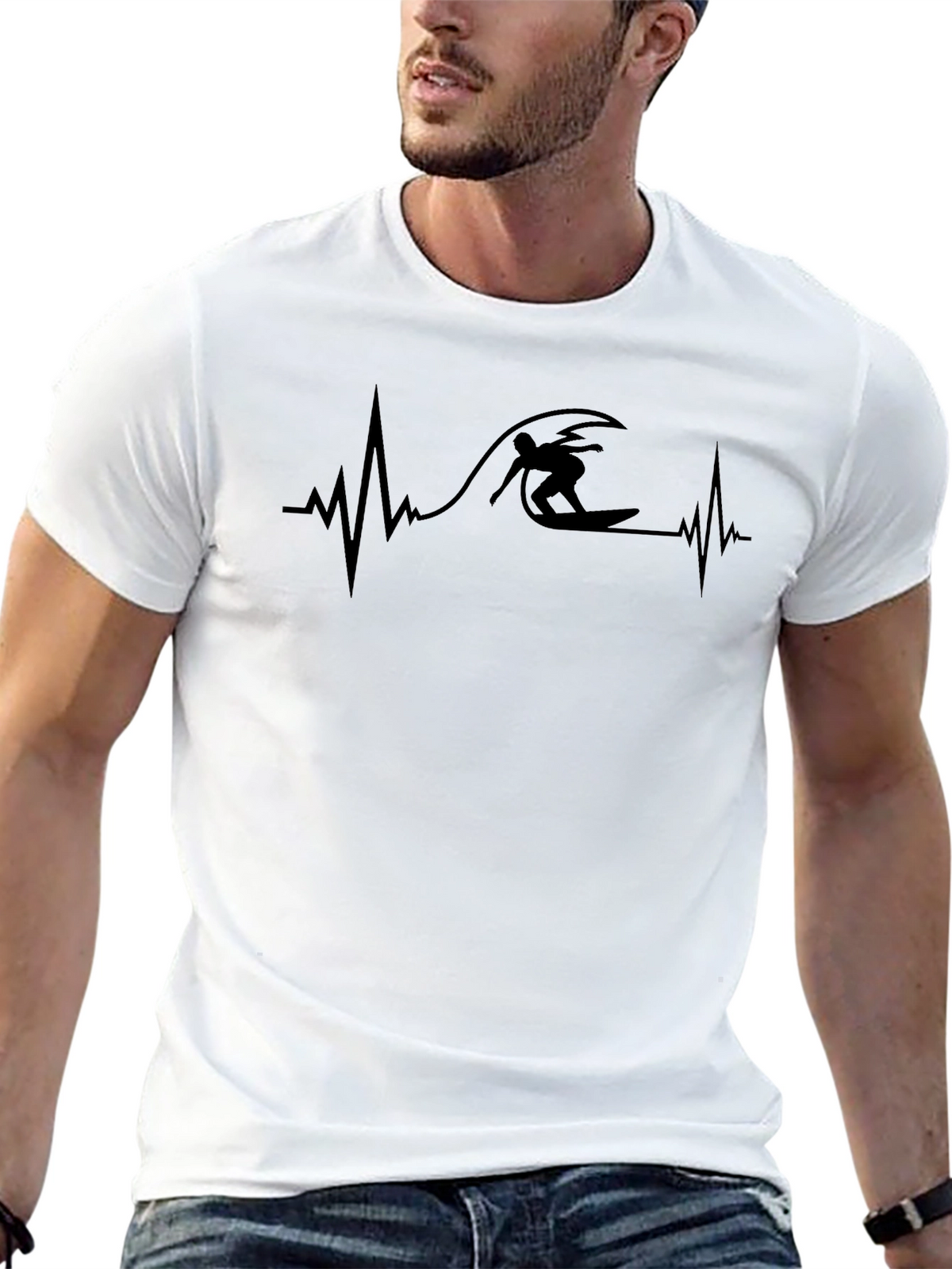 Surfer Heartbeat Graphic Tee - Black Casual T-Shirt