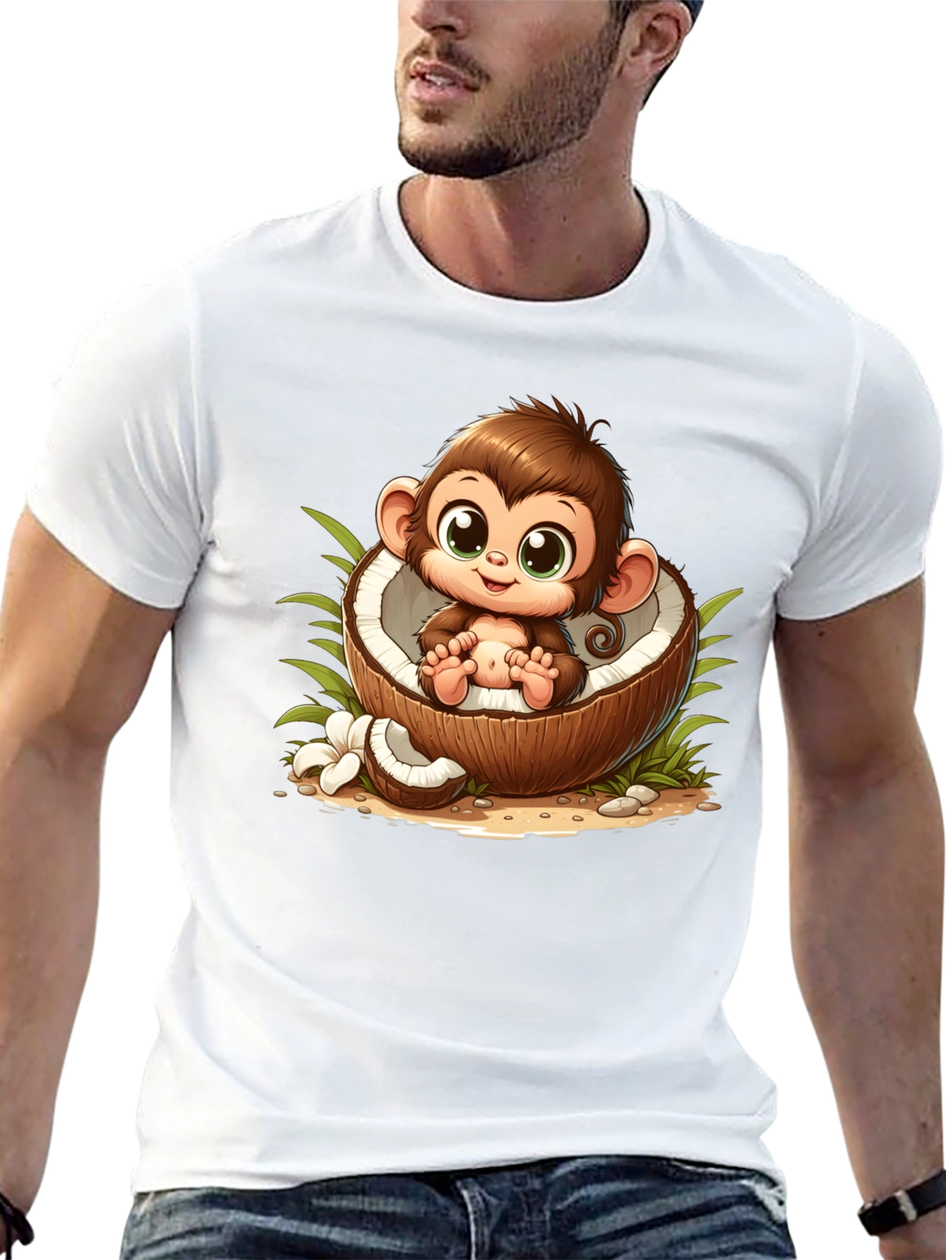 Cute Monkey in Coconut Black T-Shirt