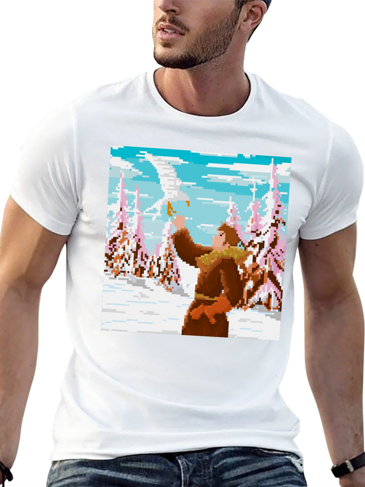 Pixel Art T-Shirt: Man and Eagle in Snowy Scene