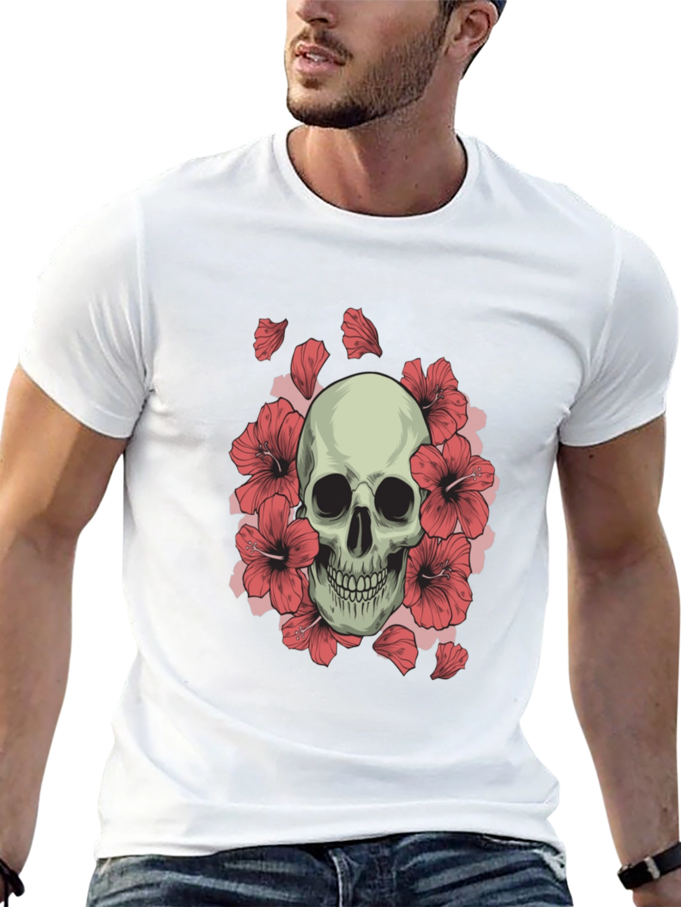 Skull and Hibiscus Graphic Tee - Black