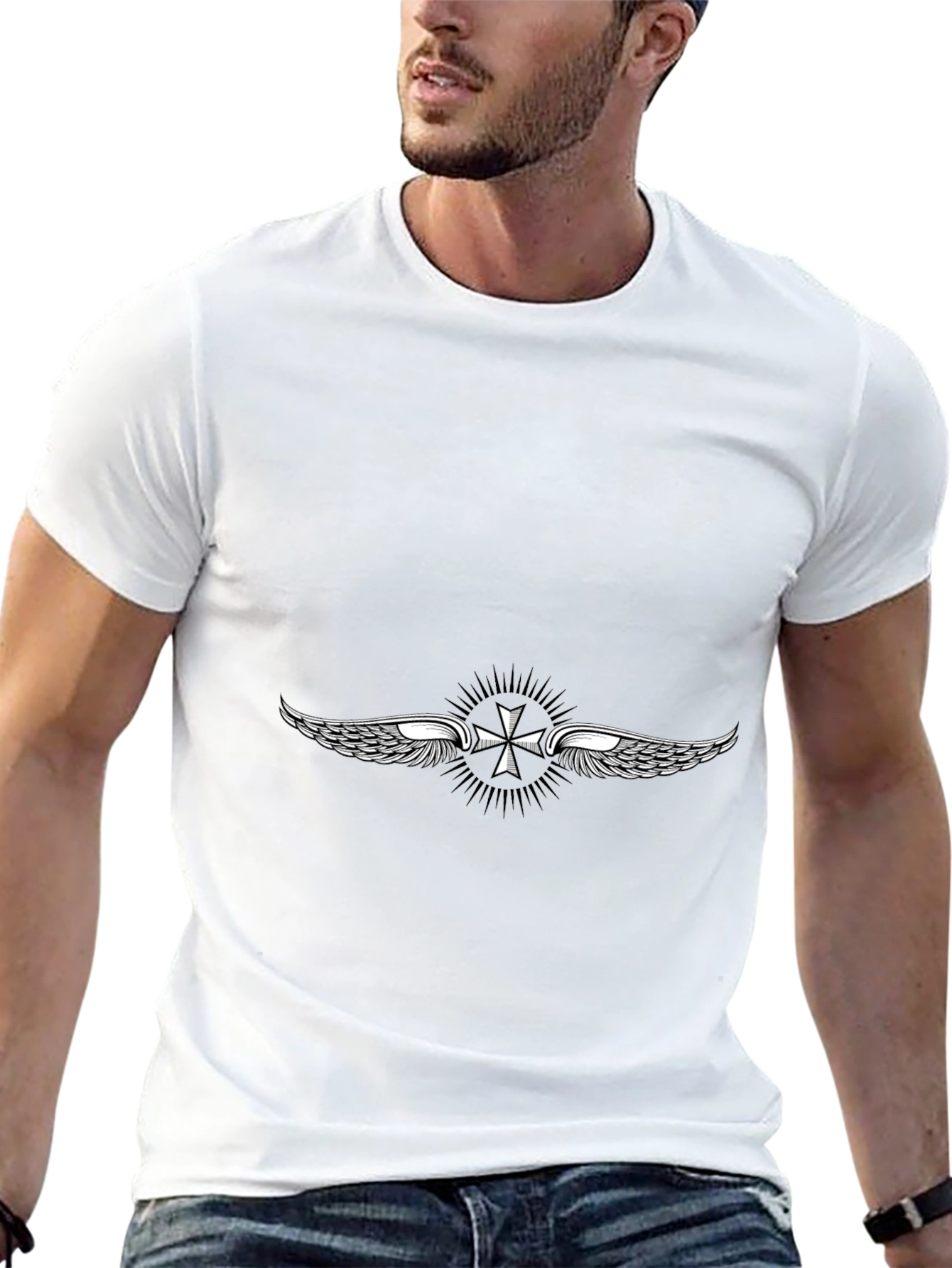 Black T-Shirt with Winged Cross Design