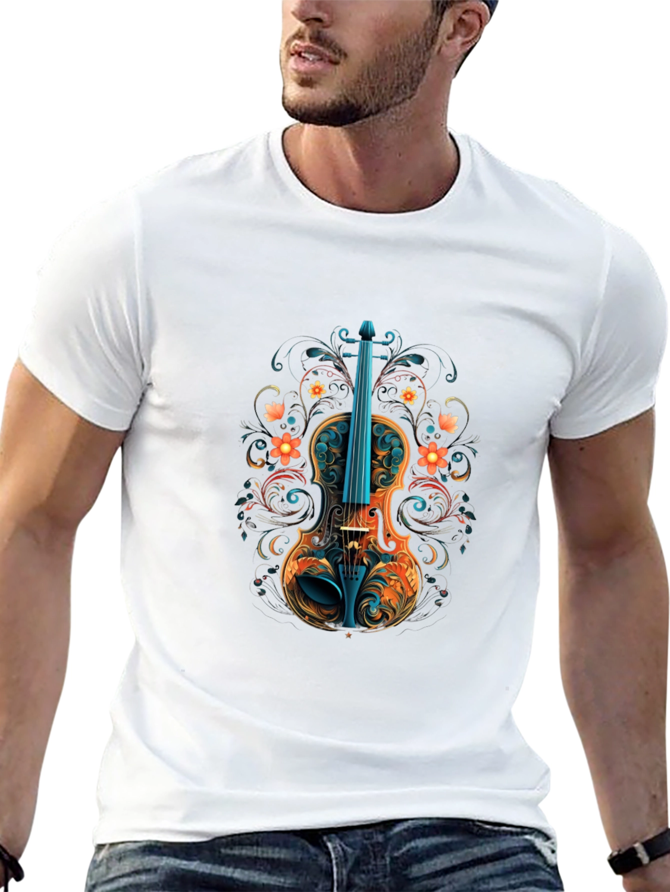 Floral Violin Graphic Black T-Shirt