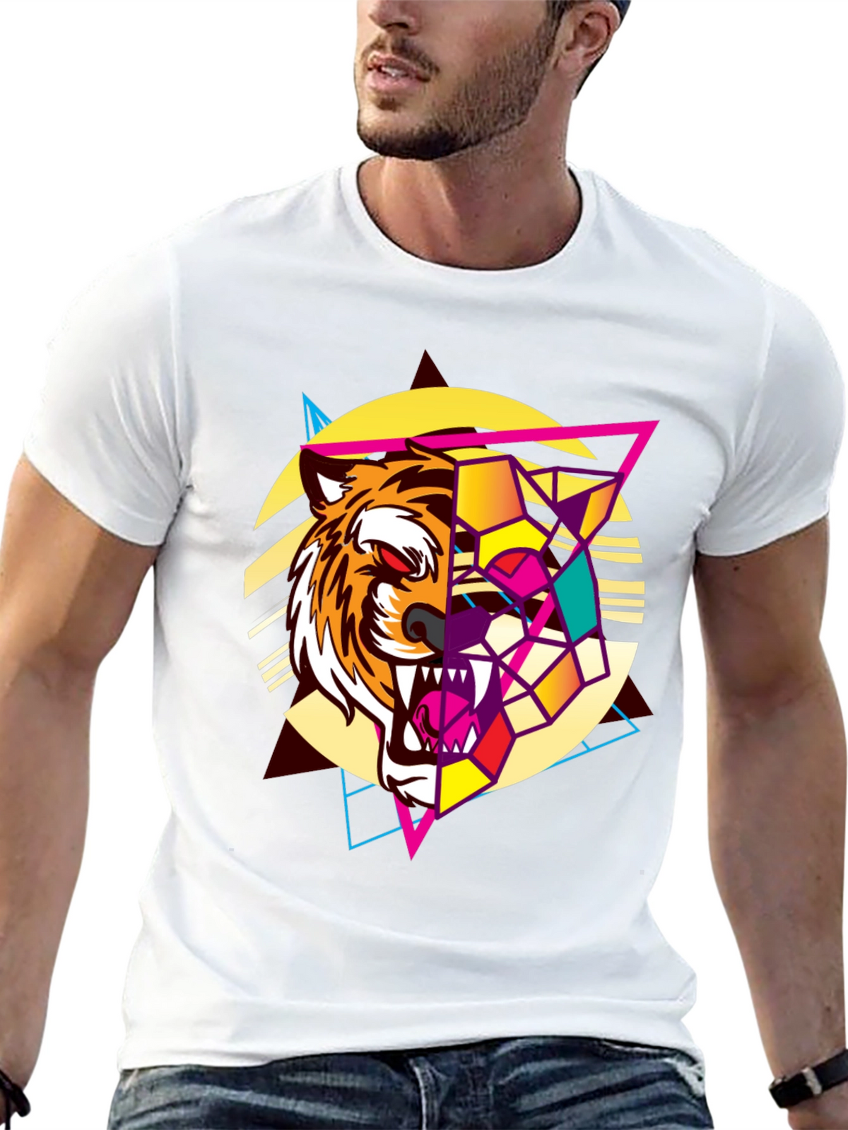 Geometric Tiger Graphic Print Black T-Shirt