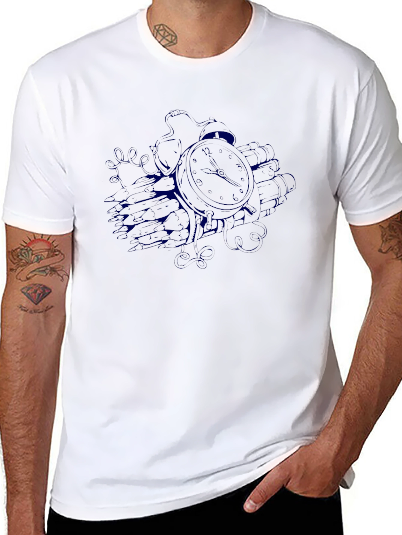 Mens Black T-Shirt with Clock Graphic