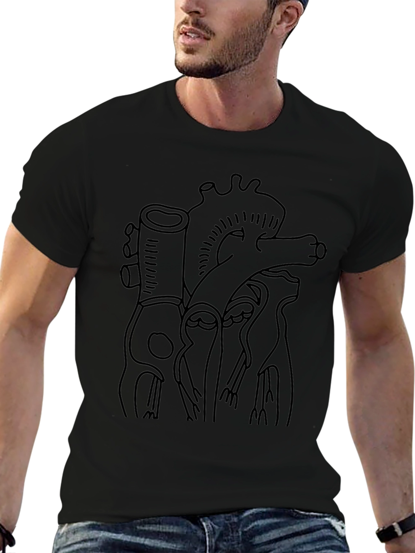 Anatomical Heart Line Art Black T-Shirt