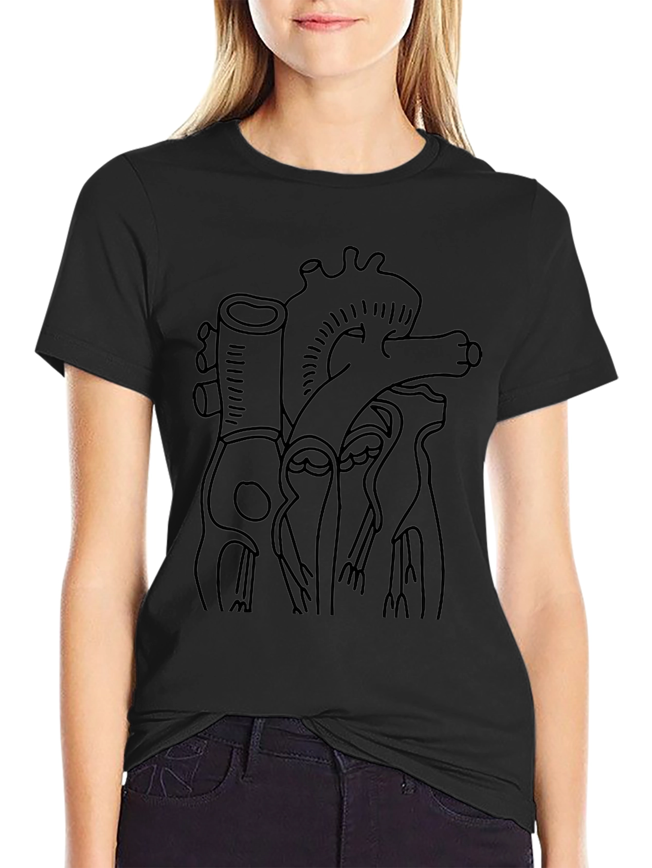 Anatomical Heart Line Art Black T-Shirt