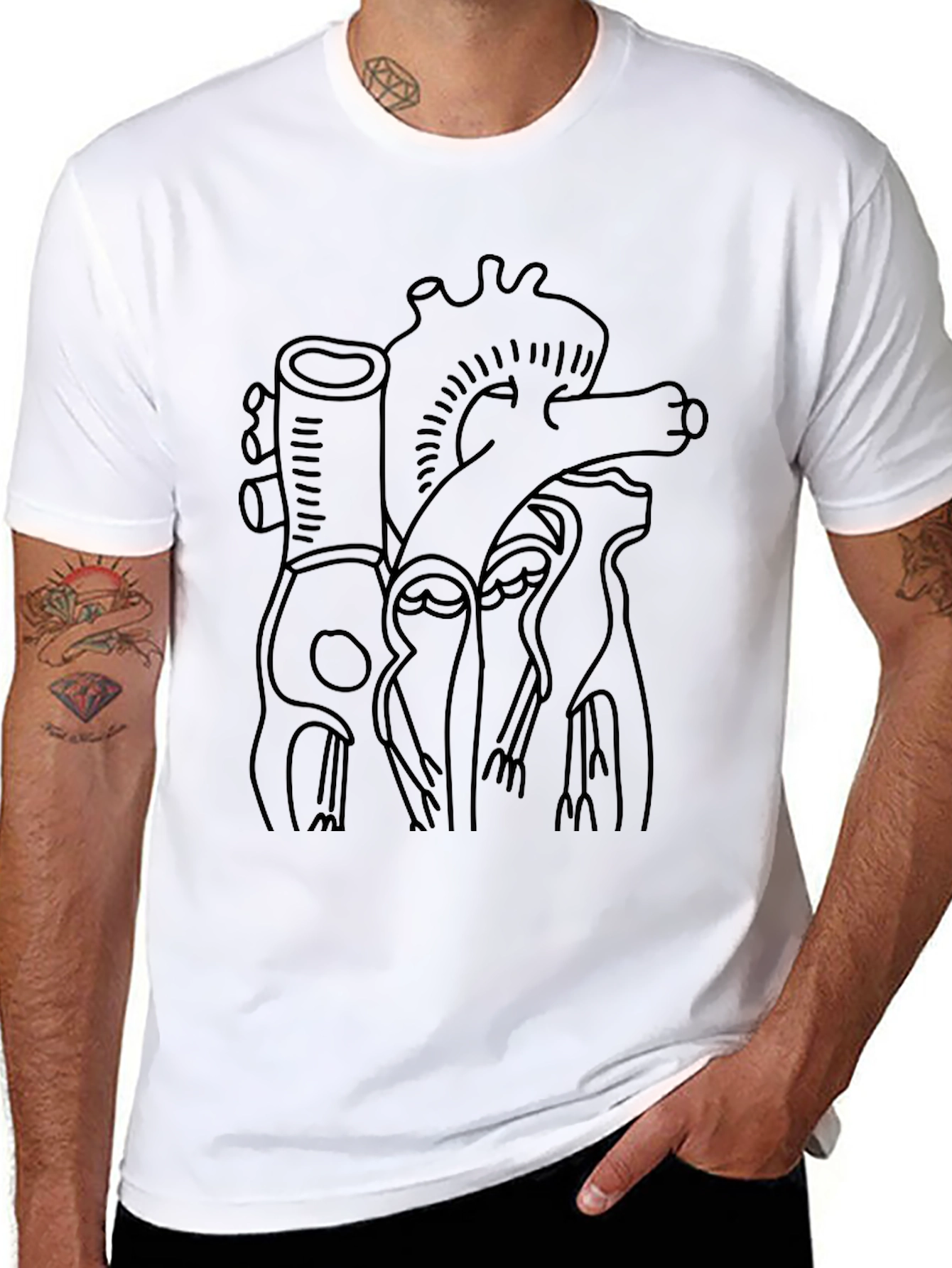 Anatomical Heart Line Art Black T-Shirt