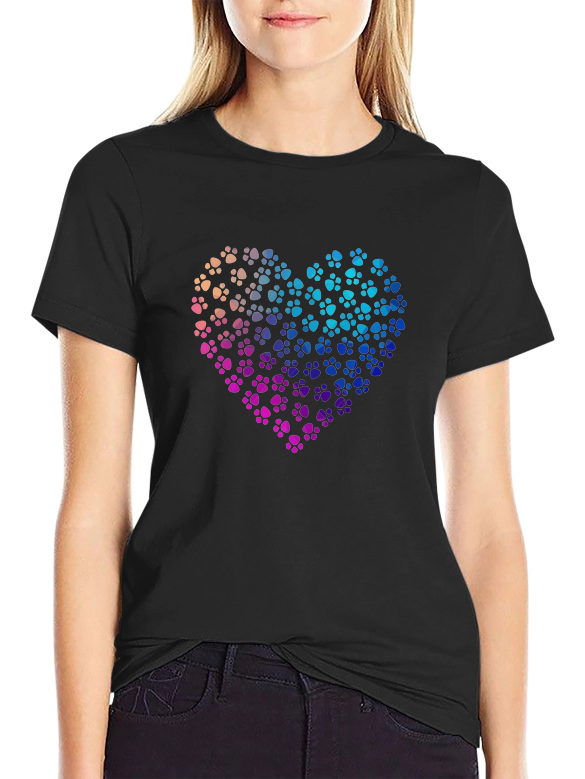 Paw Print Heart Graphic T-Shirt - Black