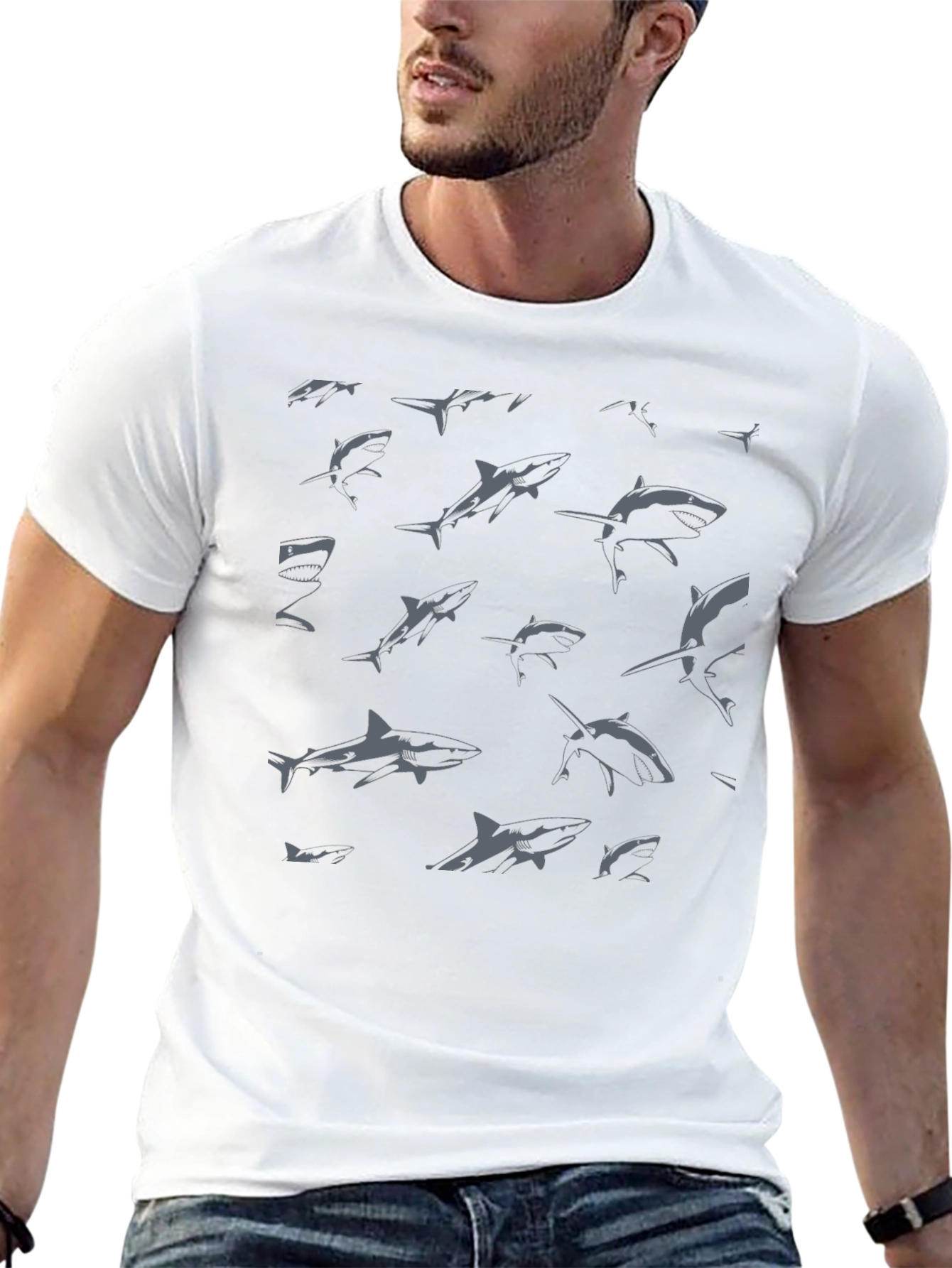 Shark Pattern Graphic Print Black T-Shirt