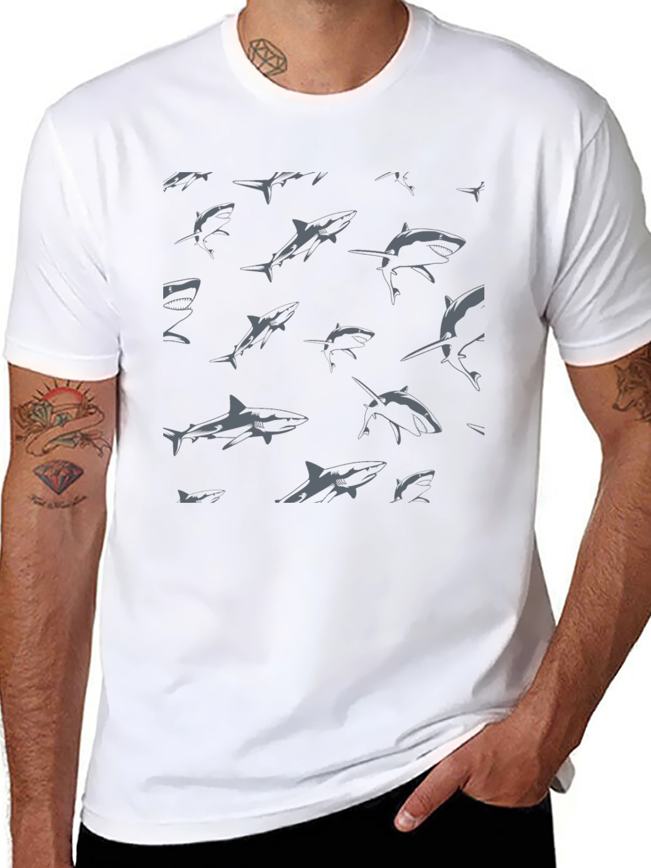 Shark Pattern Graphic Print Black T-Shirt
