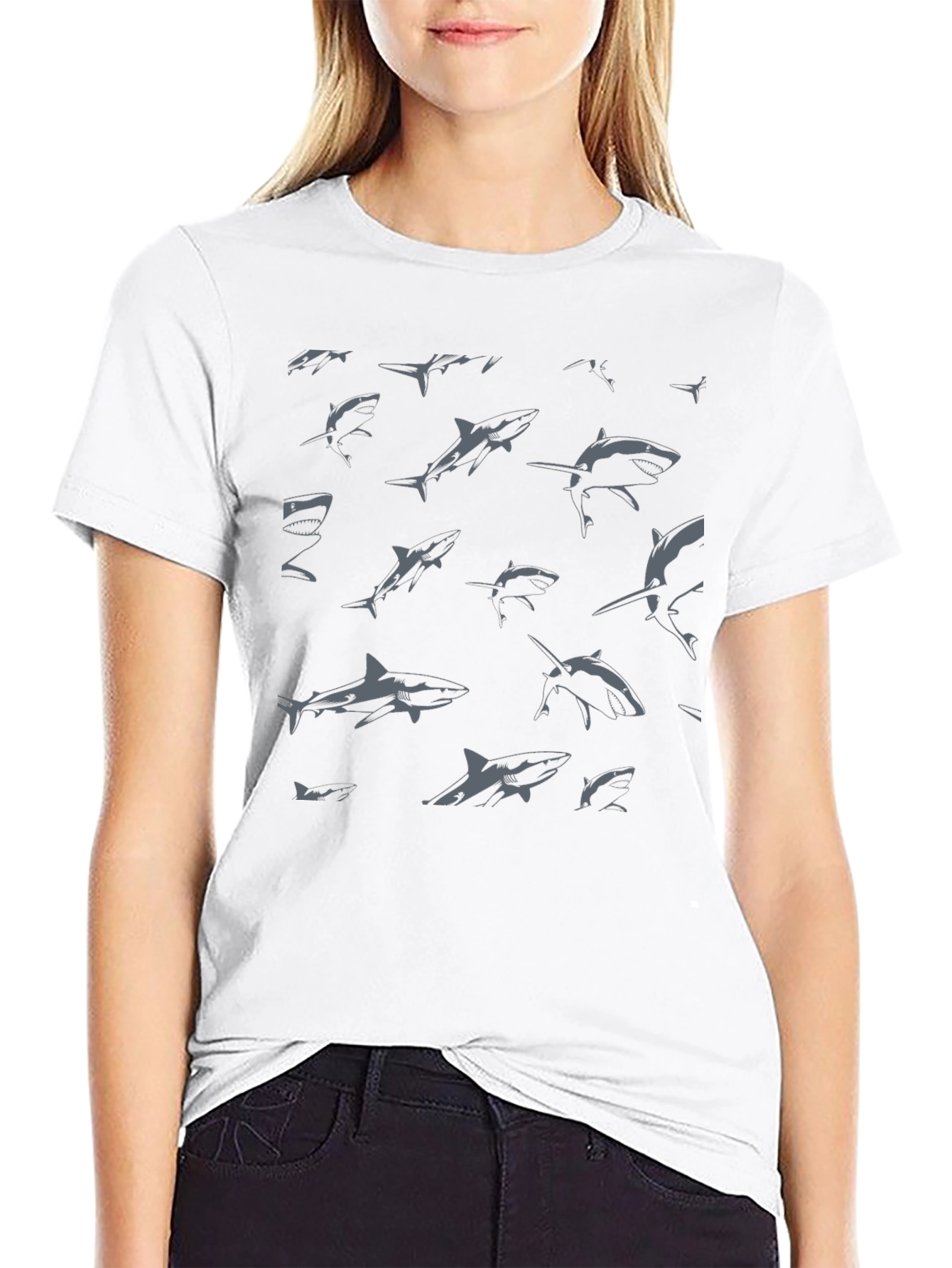 Shark Pattern Graphic Print Black T-Shirt