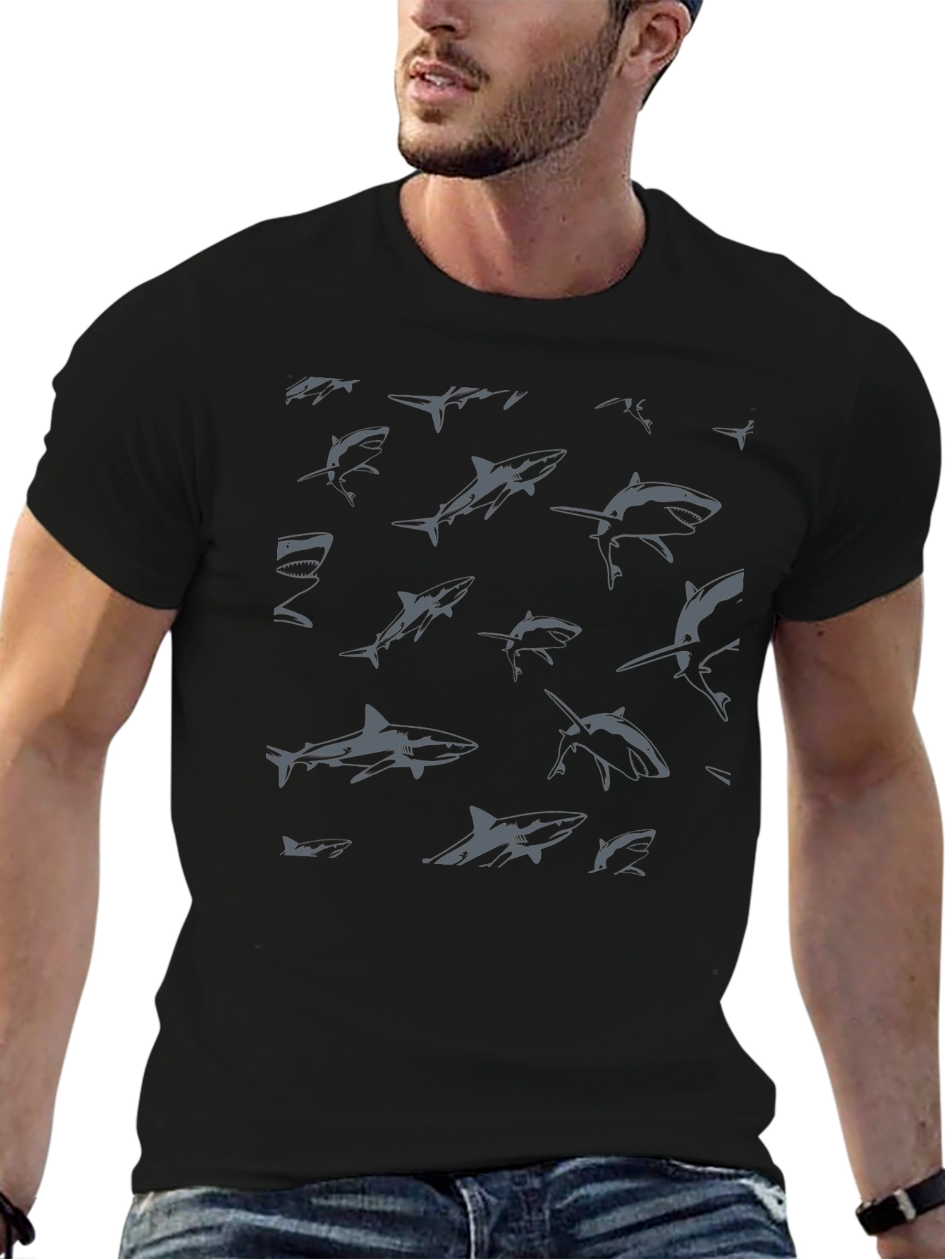 Shark Pattern Graphic Print Black T-Shirt