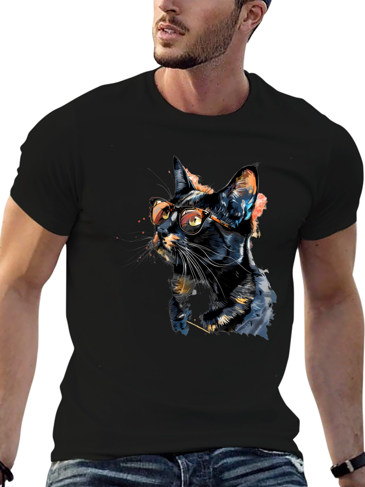 Cool Cat T-Shirt - Artistic Design Black Tee
