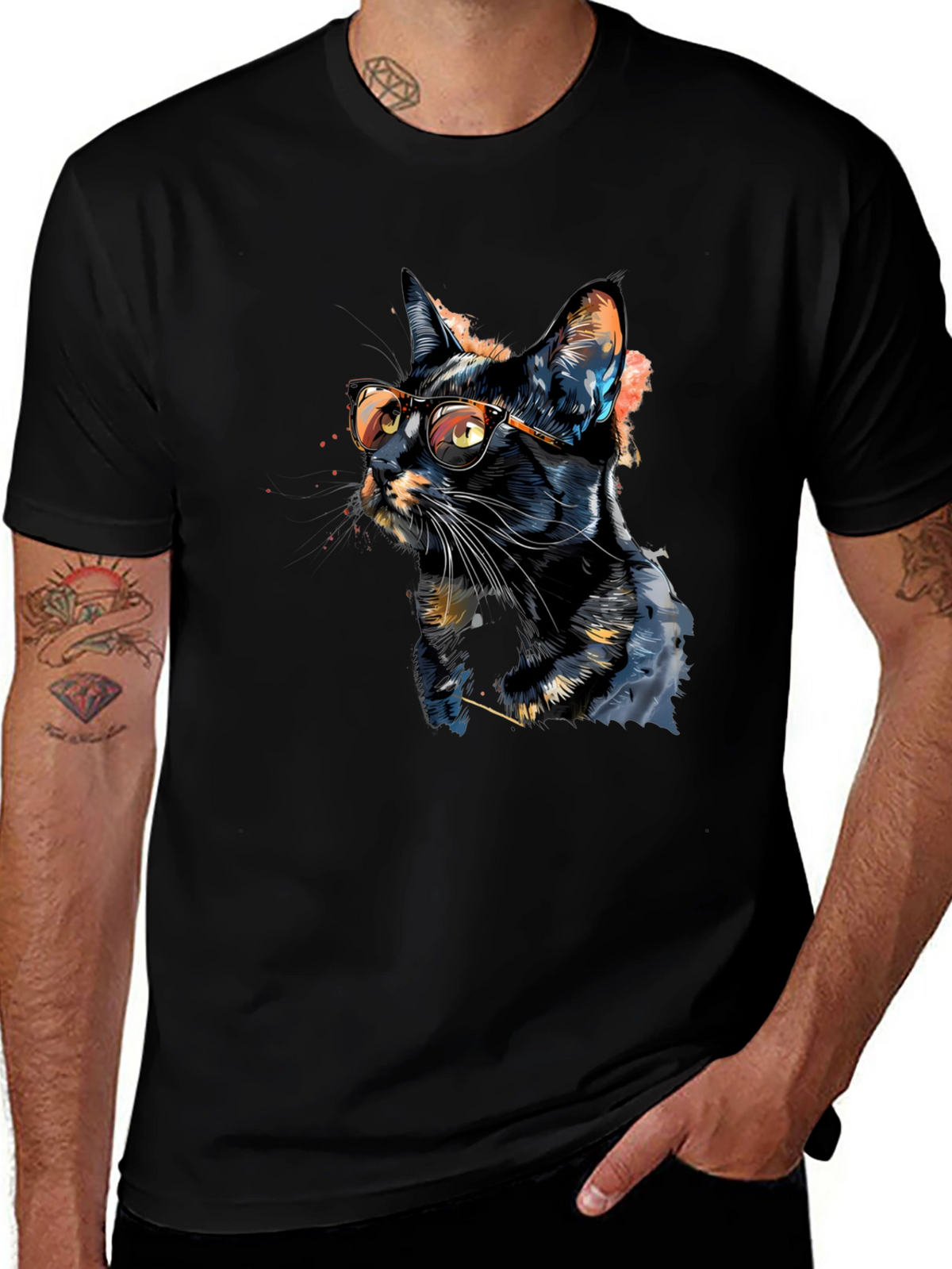 Cool Cat T-Shirt - Artistic Design Black Tee