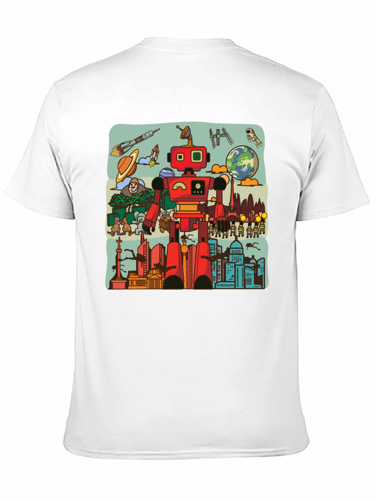 Robot & City Graphic Tee - Black Cotton T-Shirt