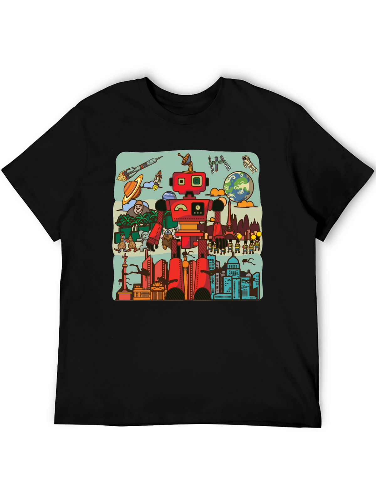 Robot & City Graphic Tee - Black Cotton T-Shirt