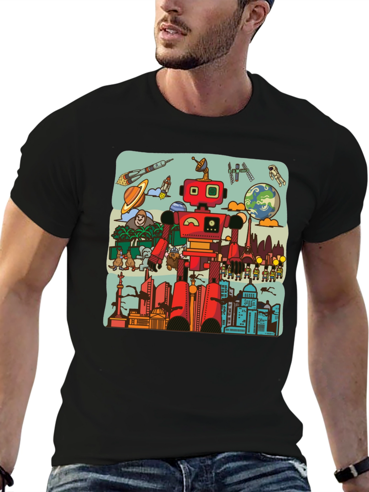Robot & City Graphic Tee - Black Cotton T-Shirt