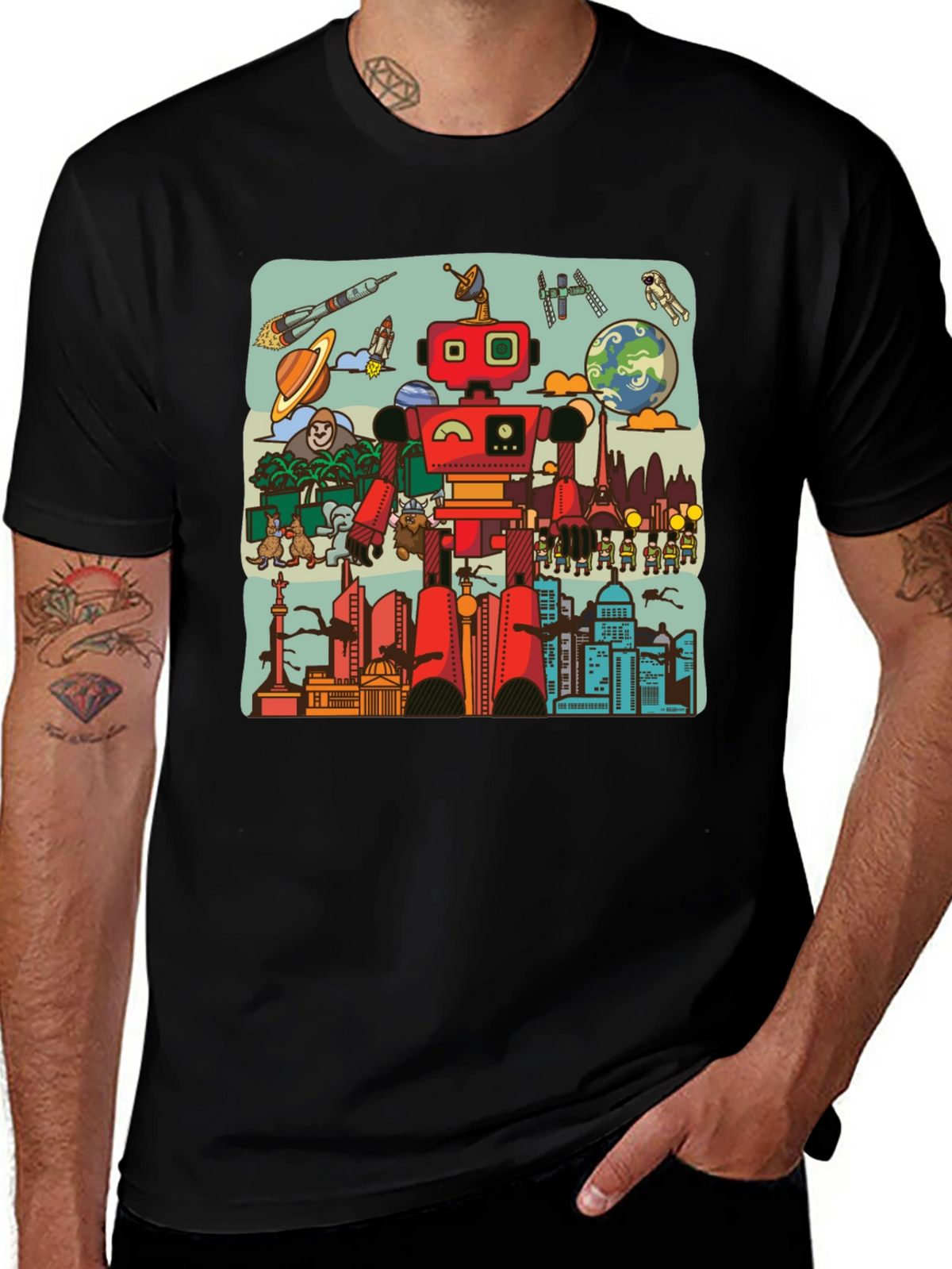 Robot & City Graphic Tee - Black Cotton T-Shirt