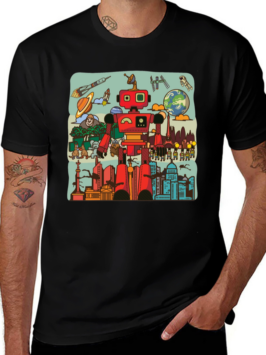 Robot & City Graphic Tee - Black Cotton T-Shirt