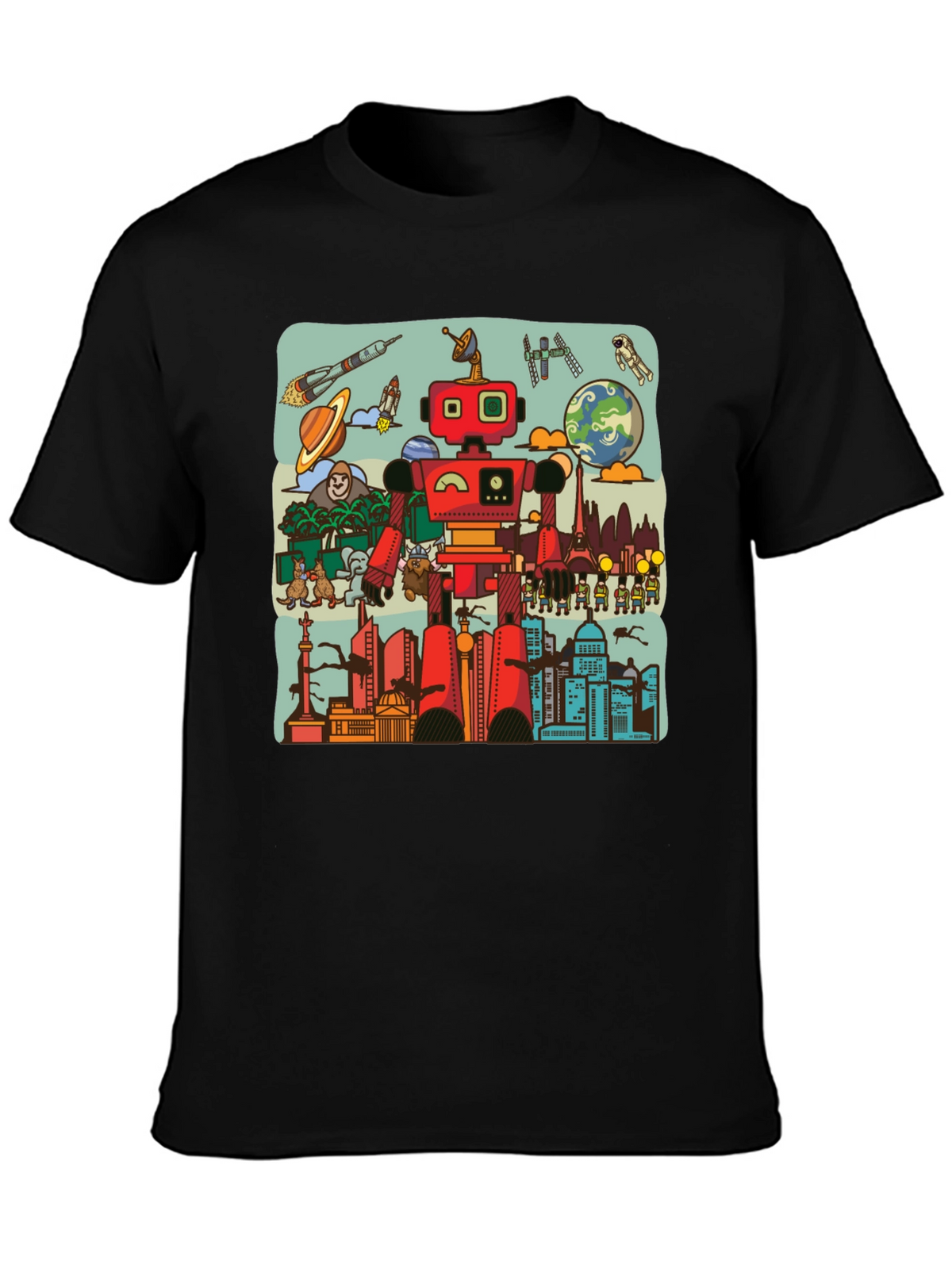 Robot & City Graphic Tee - Black Cotton T-Shirt