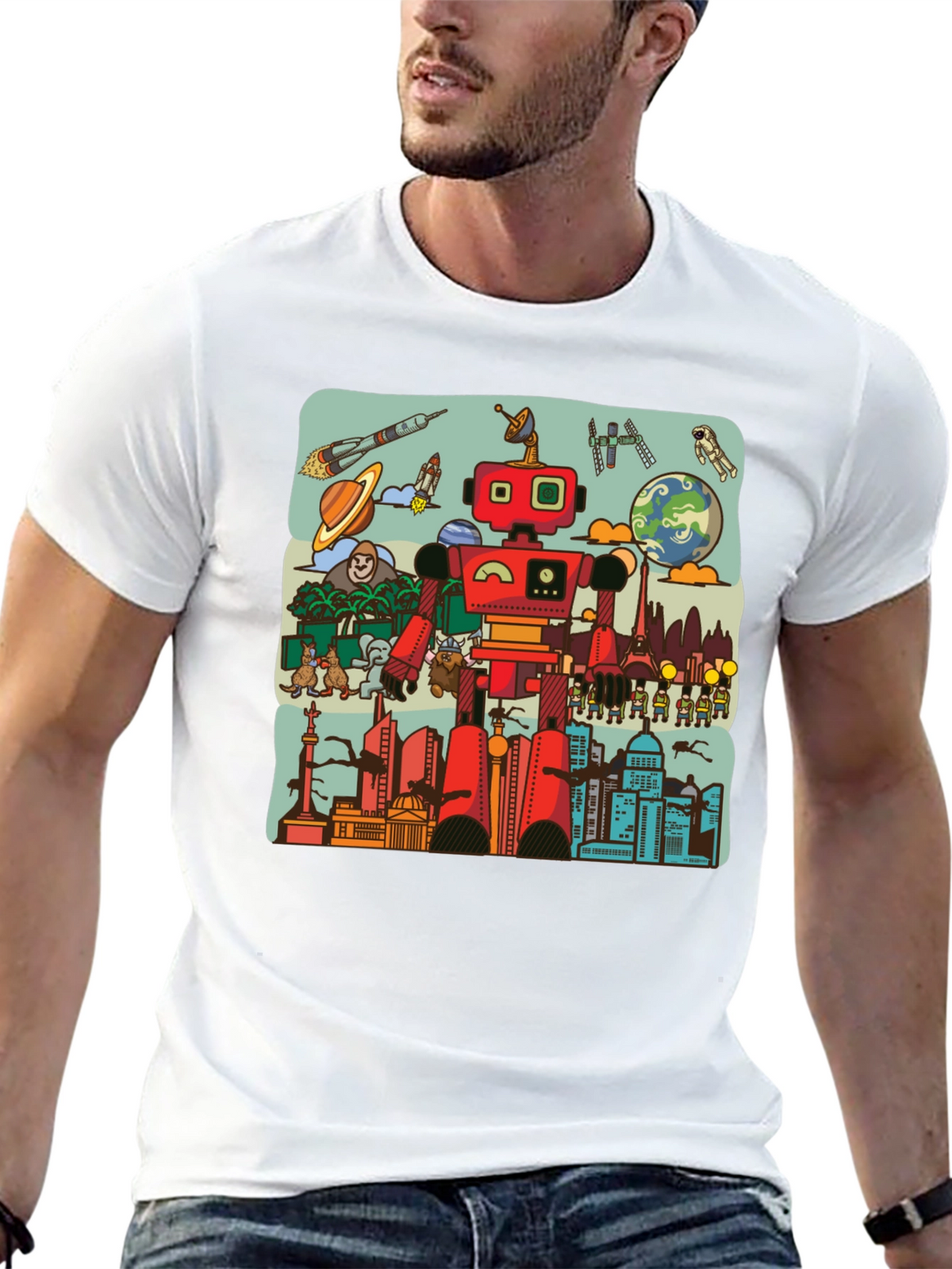 Robot & City Graphic Tee - Black Cotton T-Shirt