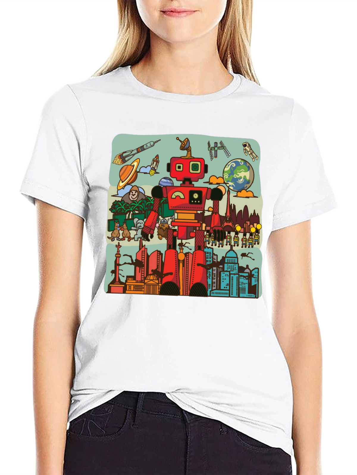 Robot & City Graphic Tee - Black Cotton T-Shirt