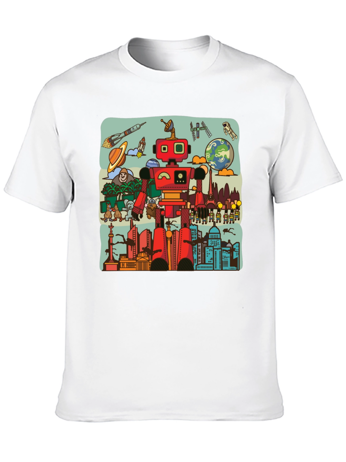 Robot & City Graphic Tee - Black Cotton T-Shirt
