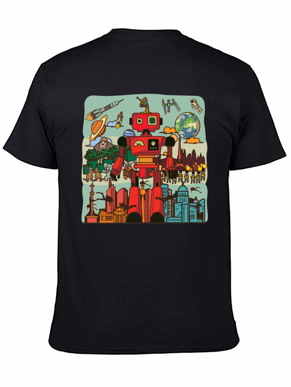 Robot & City Graphic Tee - Black Cotton T-Shirt