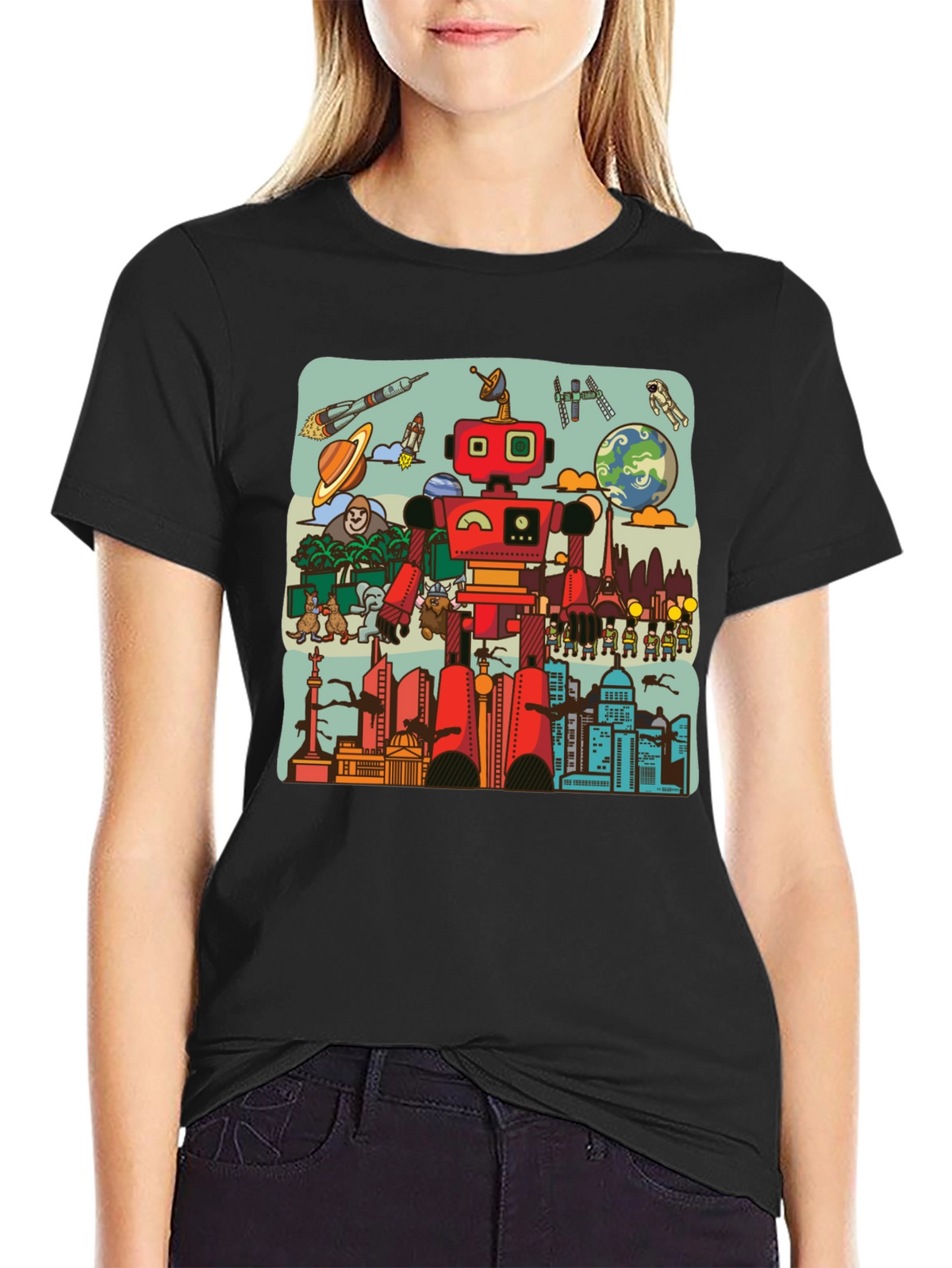 Robot & City Graphic Tee - Black Cotton T-Shirt