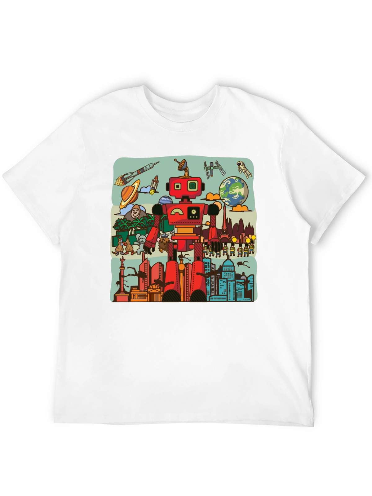 Robot & City Graphic Tee - Black Cotton T-Shirt