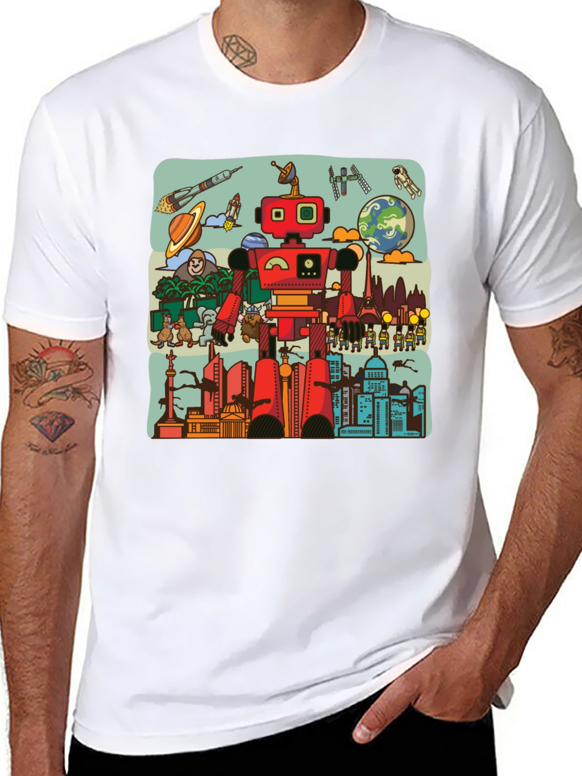 Robot & City Graphic Tee - Black Cotton T-Shirt