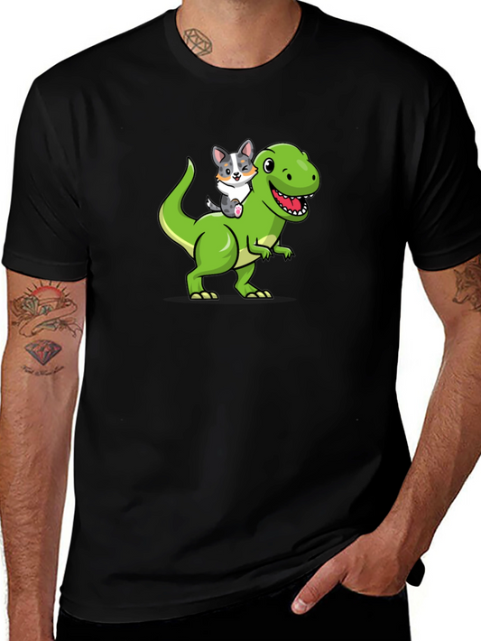 Dino Rider Tee: Fun Cartoon Dog Riding Dinosaur T-Shirt