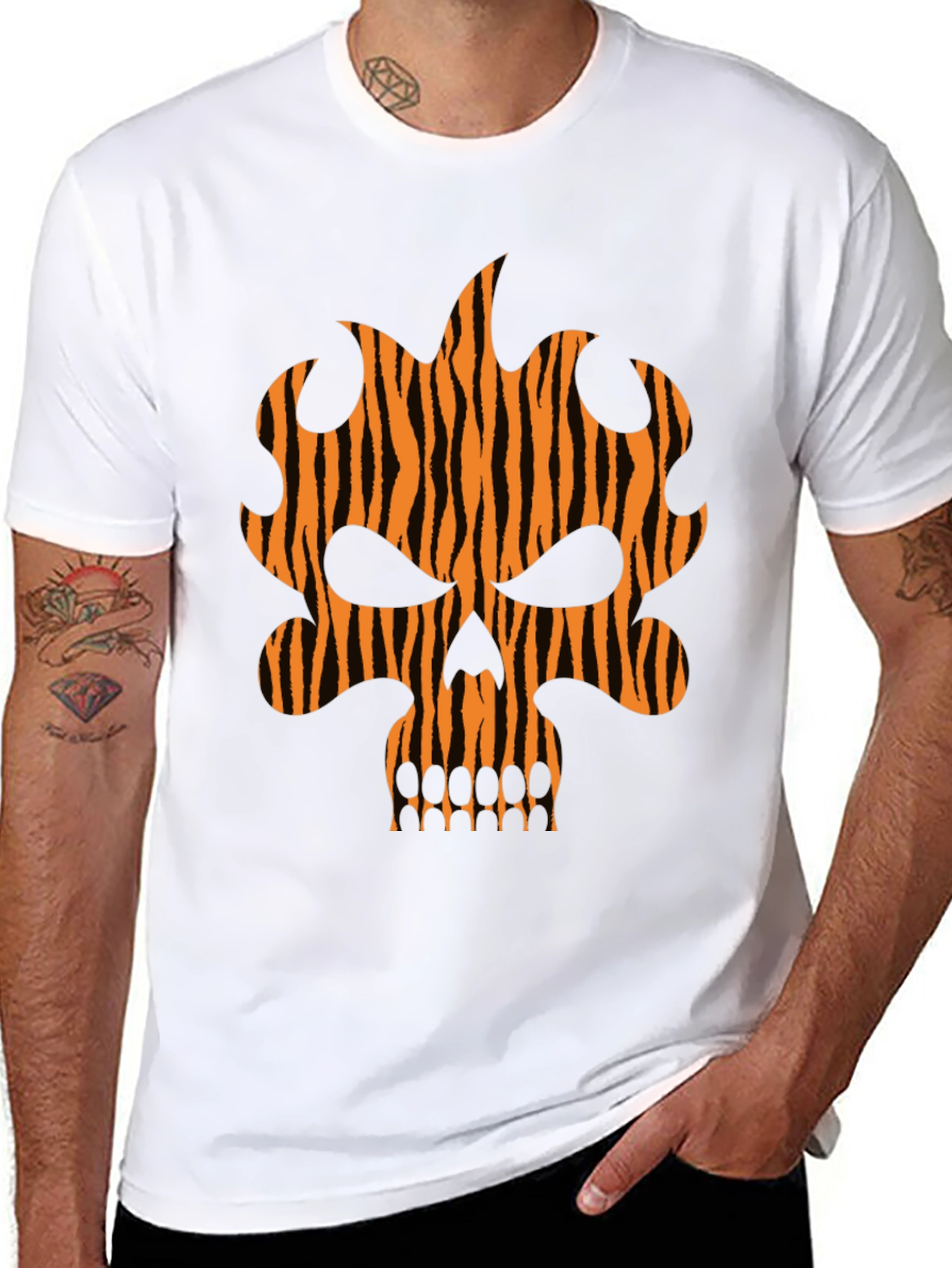 Tiger Stripe Skull Graphic Black T-Shirt