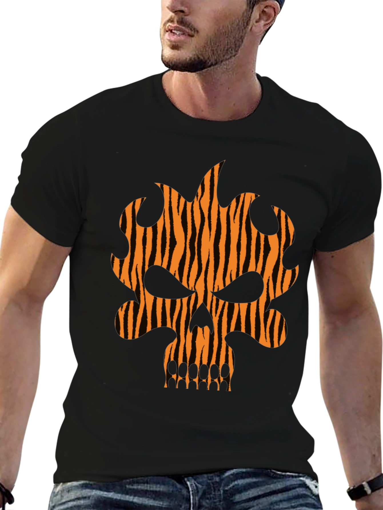 Tiger Stripe Skull Graphic Black T-Shirt
