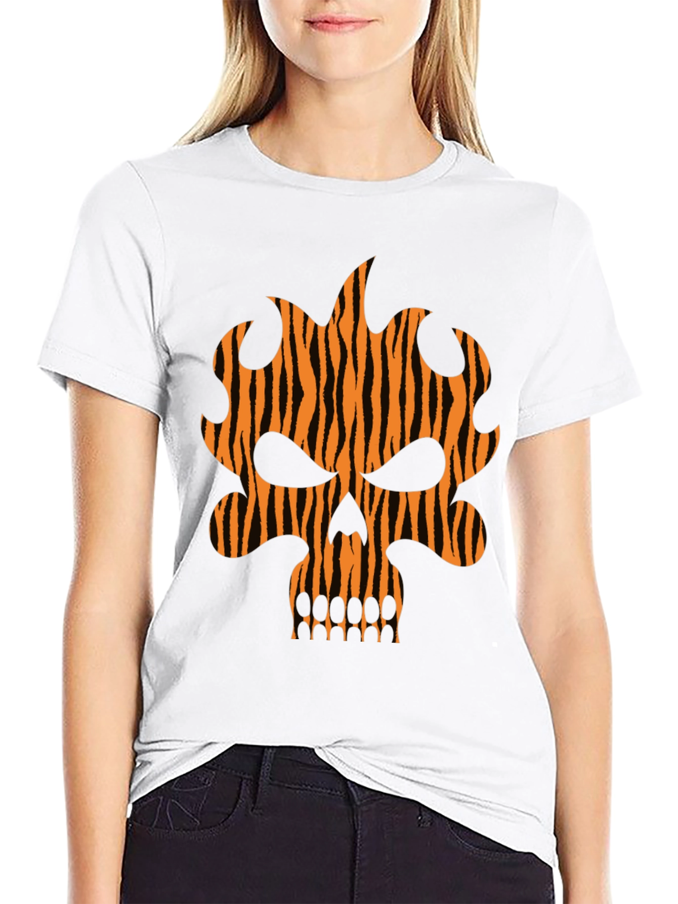Tiger Stripe Skull Graphic Black T-Shirt
