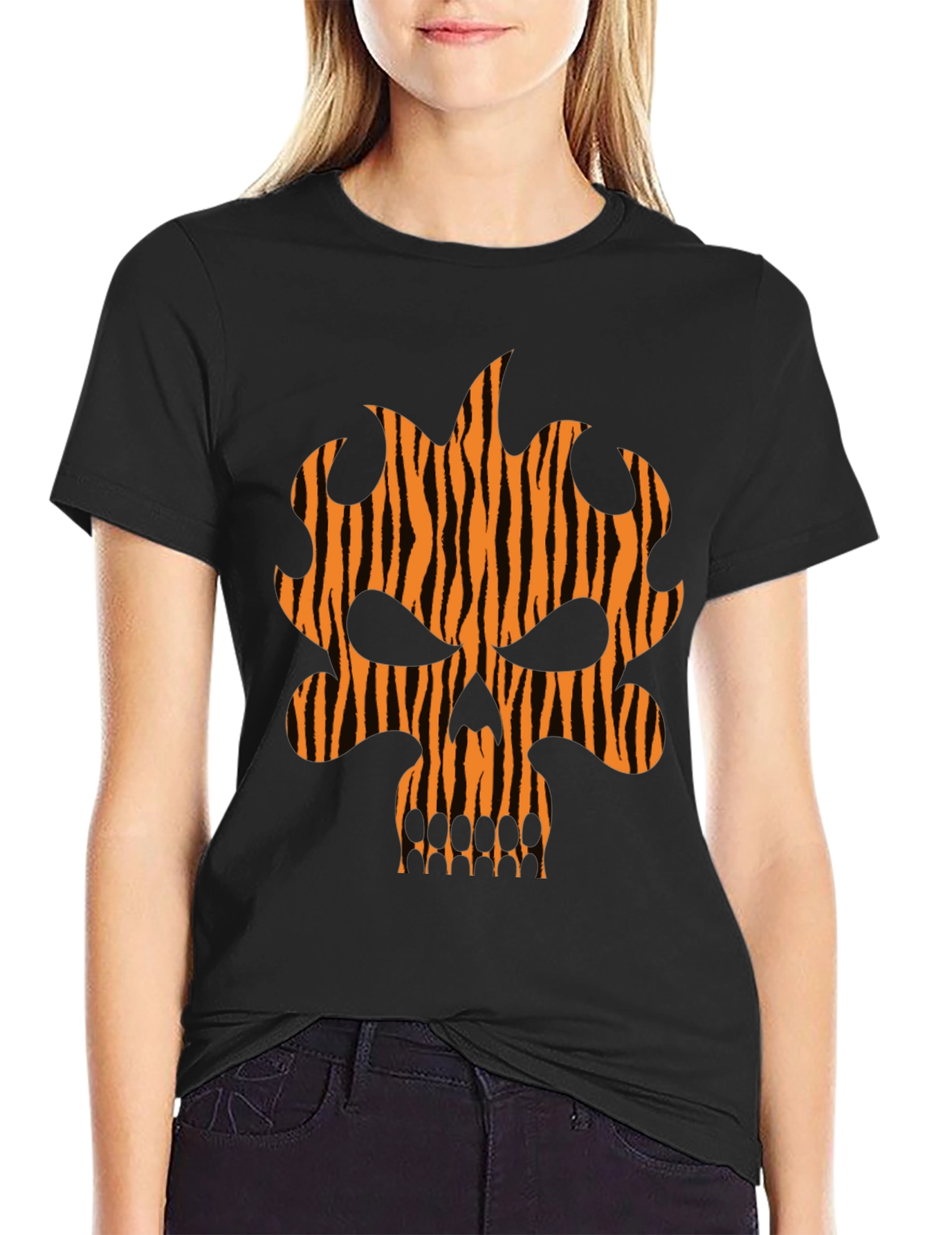 Tiger Stripe Skull Graphic Black T-Shirt