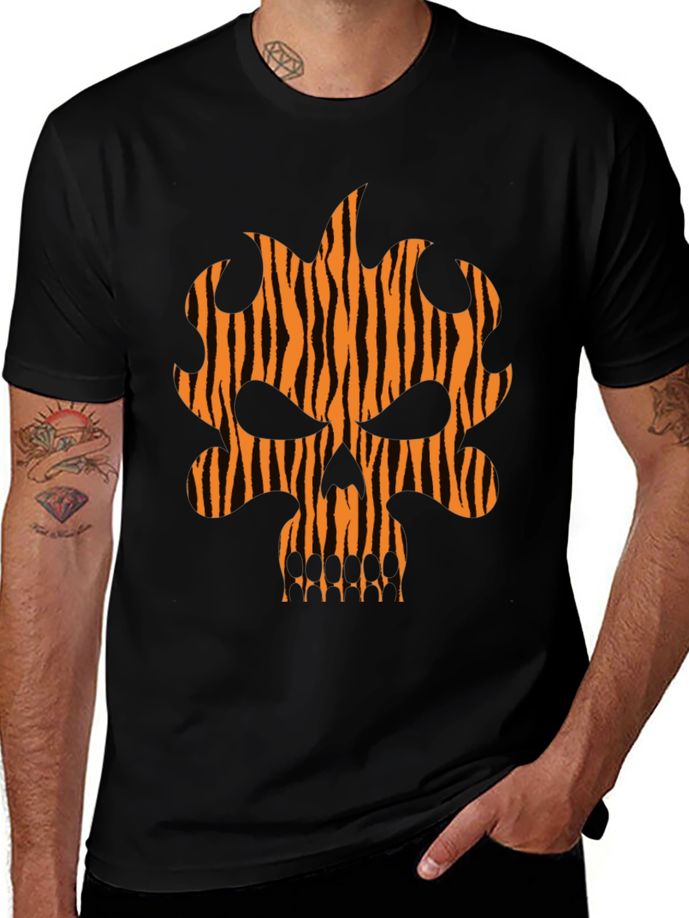 Tiger Stripe Skull Graphic Black T-Shirt