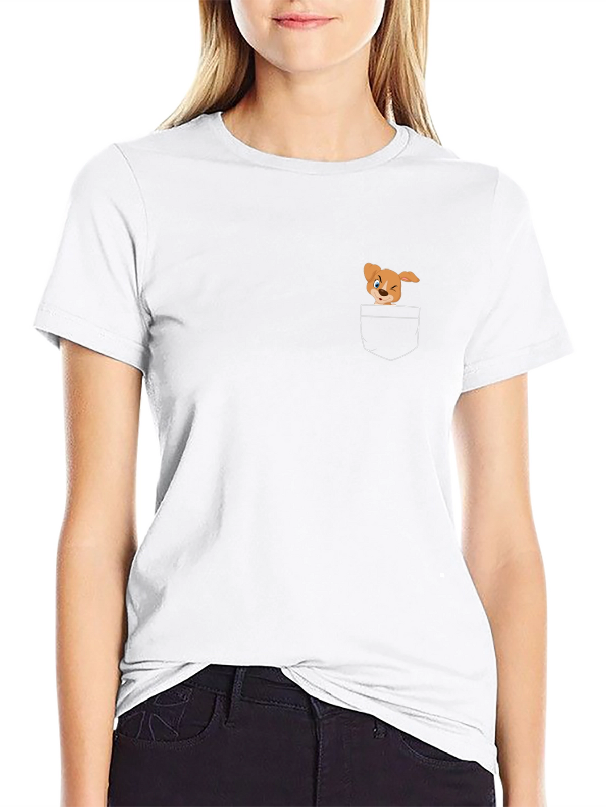 Black T-Shirt with Cute Cartoon Dog Pocket Design