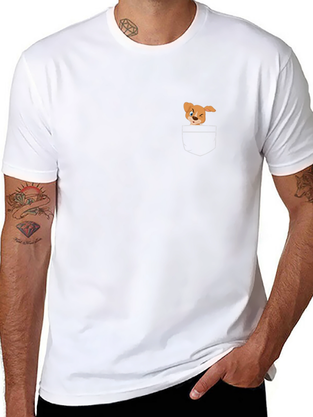 Black T-Shirt with Cute Cartoon Dog Pocket Design