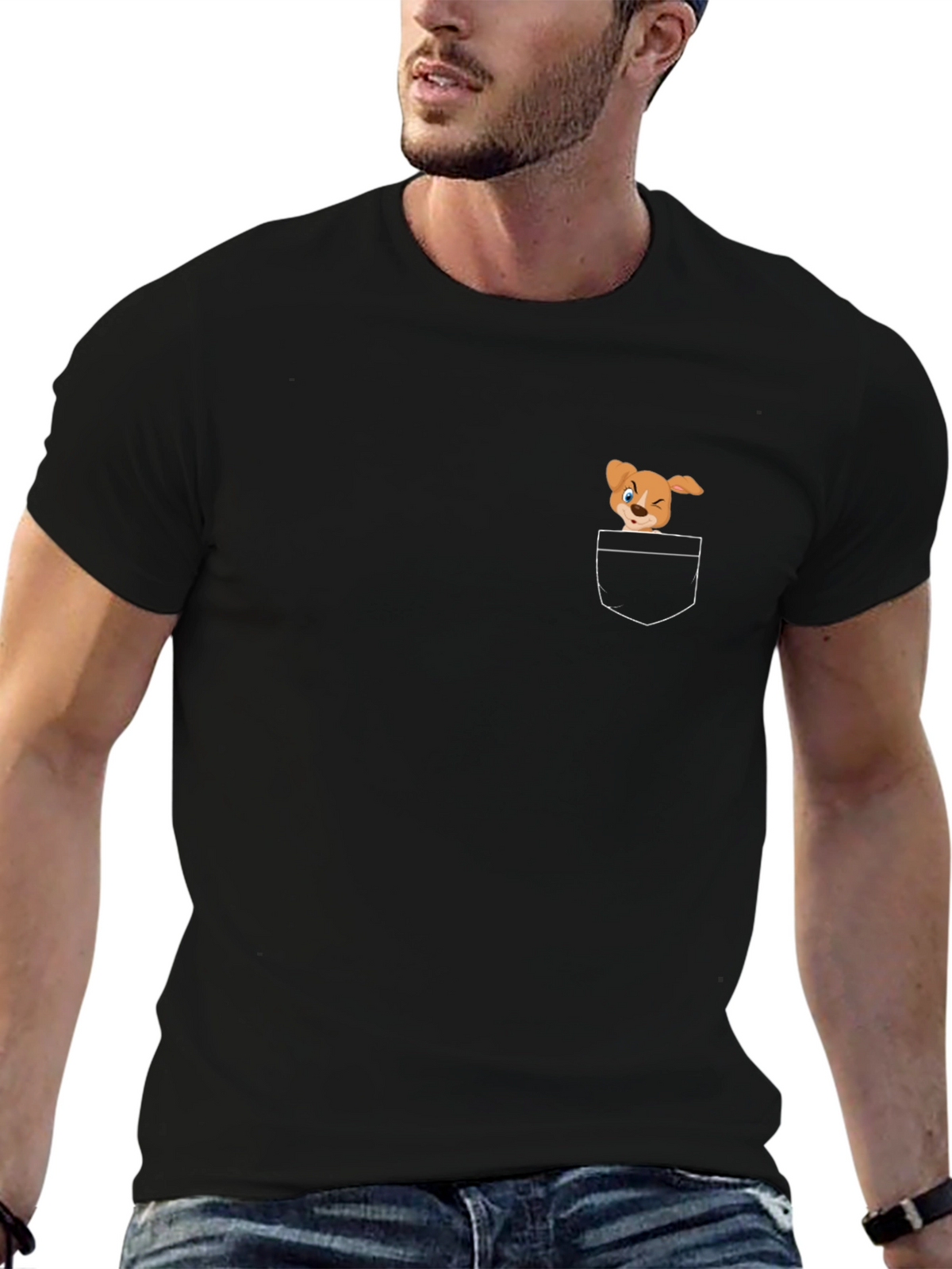 Black T-Shirt with Cute Cartoon Dog Pocket Design