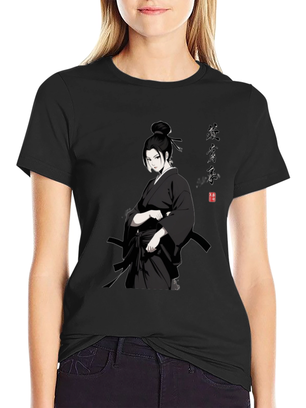 Samurai Girl T-Shirt - Black Anime Style