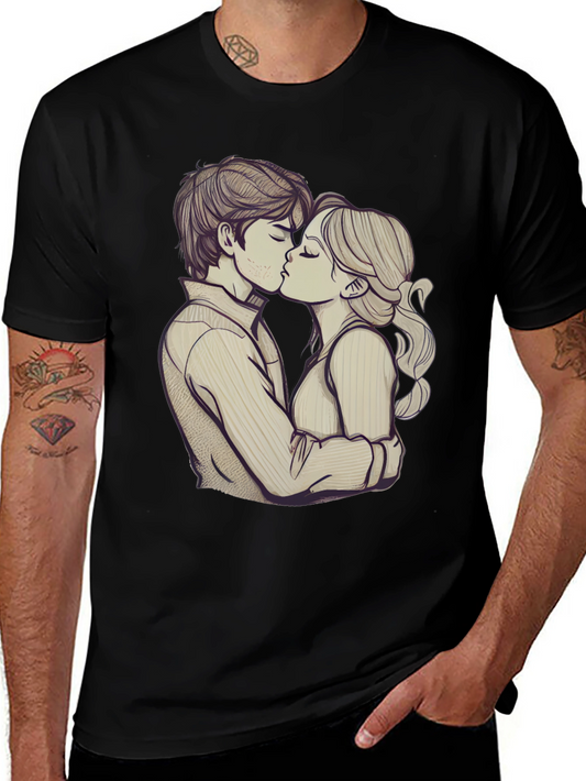Romantic Couple Kissing Graphic Black T-Shirt