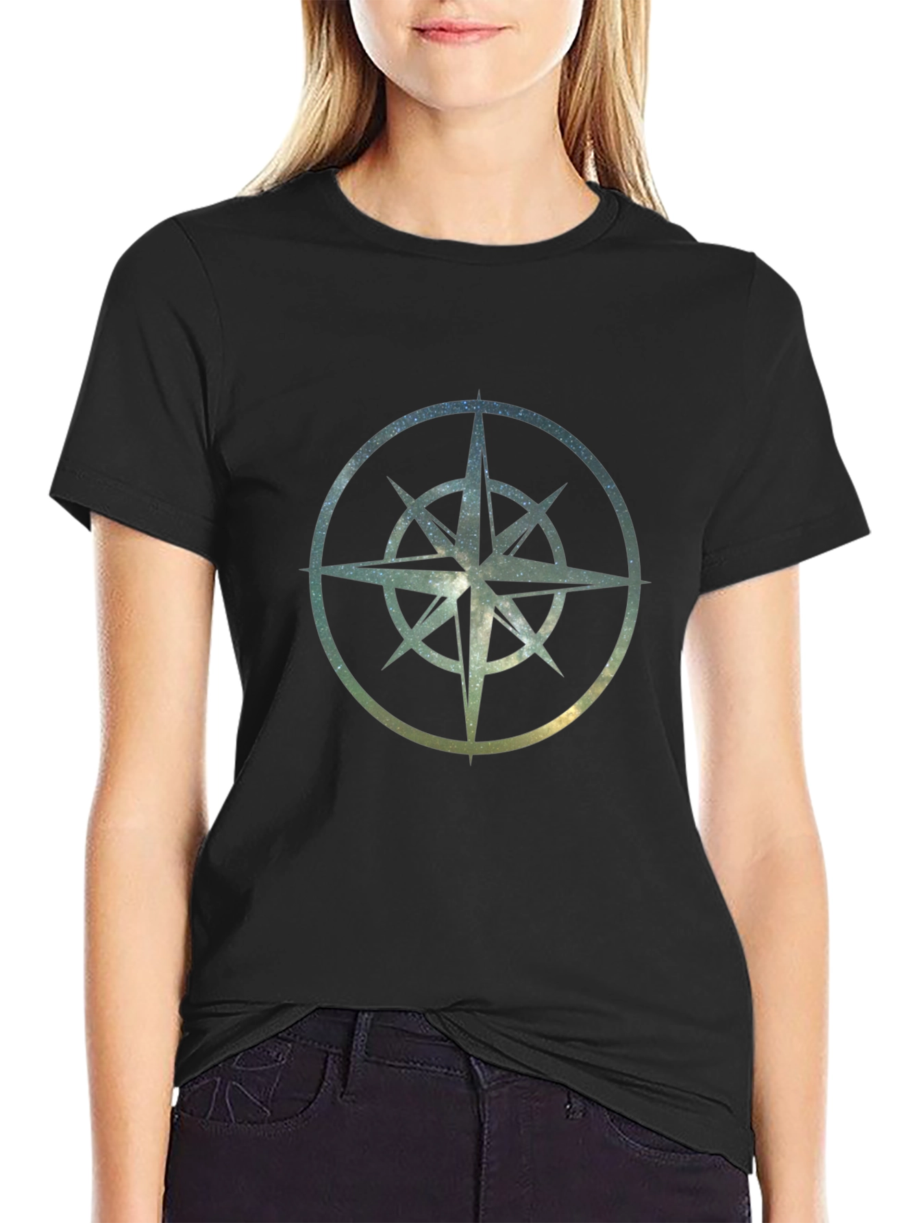 Cosmic Compass Rose Graphic Tee - Black