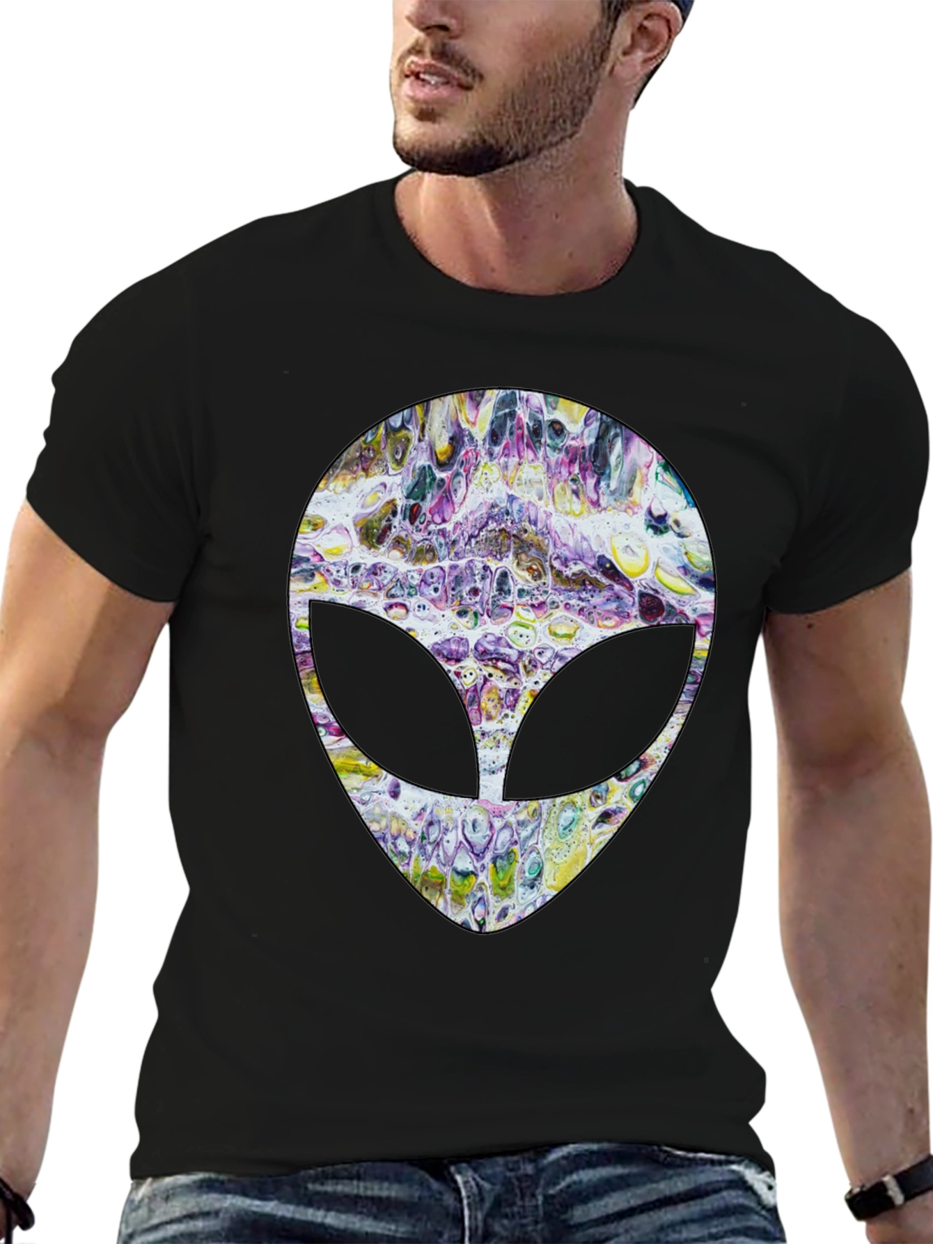 Abstract Alien Head Graphic Tee - Mens Black T-Shirt