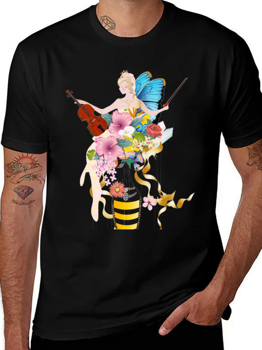 Floral Fairy Violinist Black T-Shirt