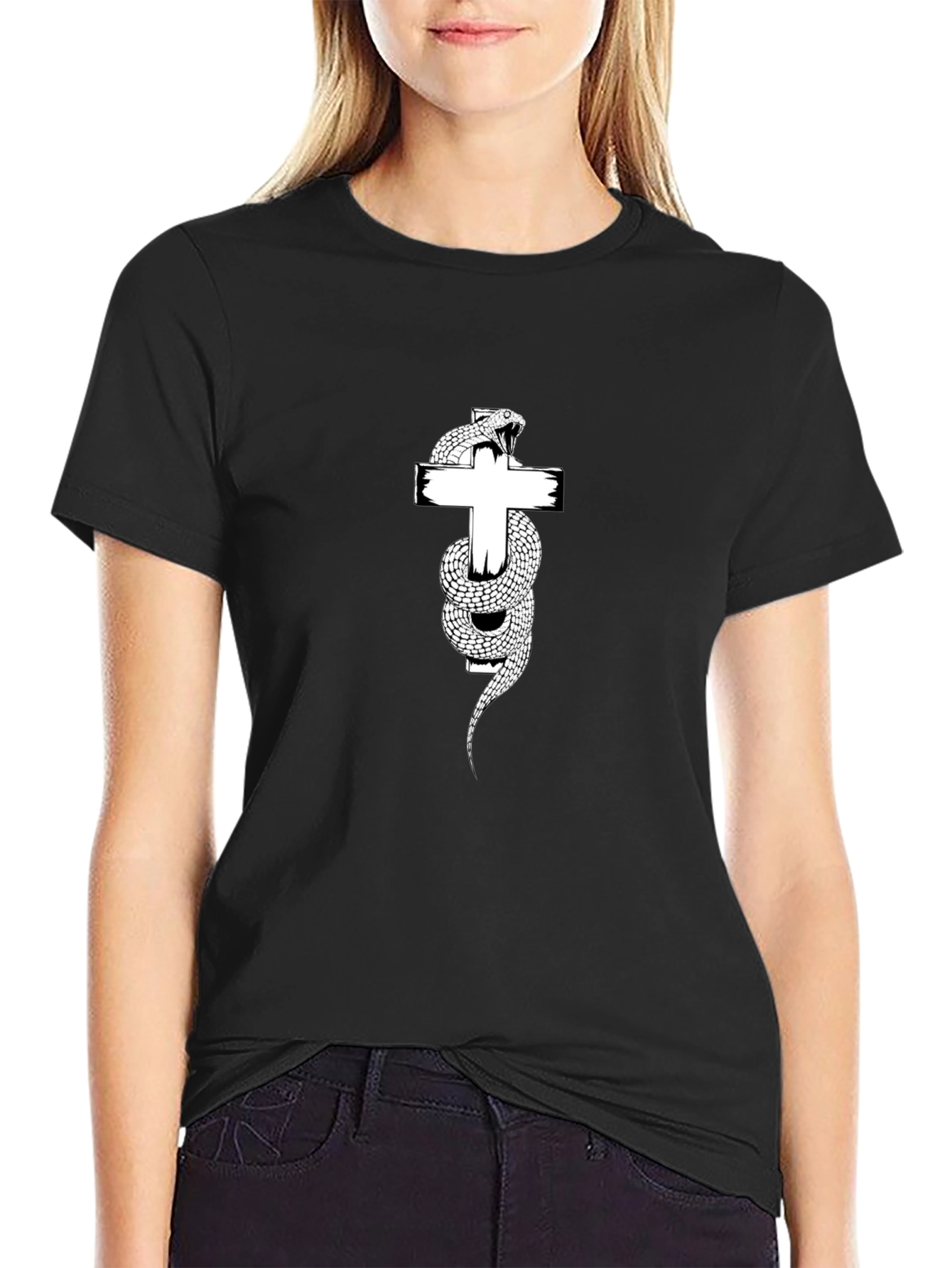 Snake Wrapped Around Cross Graphic T-Shirt
