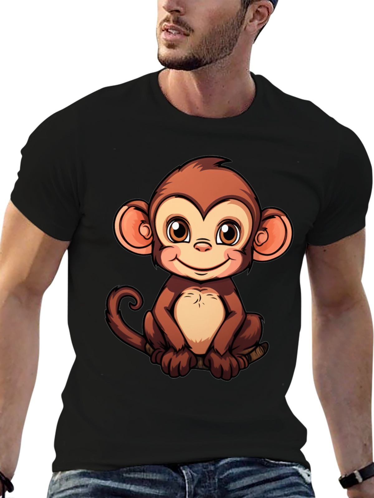 Cute Monkey Graphic Print Black T-Shirt